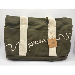 Prose Olive Green Canvas Tote Bag with Cream Straps and Exterior Pockets NEW